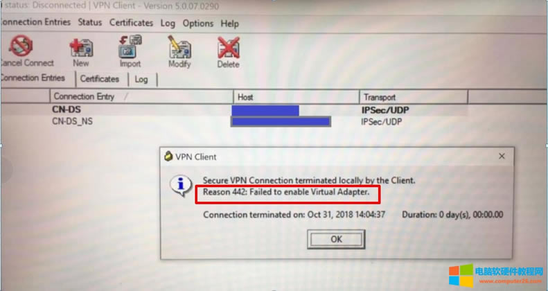 Cisco VPN Reason442: Failed to enable Virtual Adapter