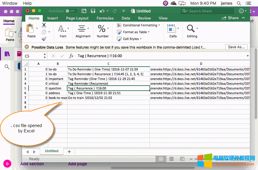 Macϵͳαݵǰ Mac OneNote ҳбǵһ .csv ļ Excel 