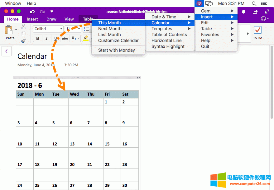 插入本月日历到 Mac OneNote 里