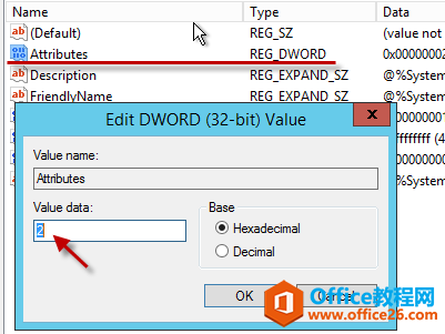 Machine generated alternative text: (Default)  Attributes Descrlptlon Friendl N a m e REG REG REG REG SZ DWORD EXPAND SZ EXPAND SZ (value not @ثte   te Edit DWORD 32 bit) Value Value name kthbutes Value d    Hexadecimal Decimal