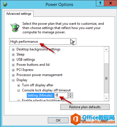 Machine generated alternative text:Power Optlons E  n  settings Select the power plan that want to cu om and then  h00 settings that reflect how you want your computer to ma na g e power. High performance Desktop backgroun  Sleep USB settings Ings Power buttons and lid PCI Express Processor power management Display Turn 0 display after Console ح 0 display off timeout t ذ n Ŀ (Minute), һ   Restore plan defaults [     ] [     ] [      ]